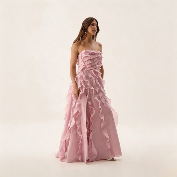 Aje Allaire Strapless Ruffled Shirred Faille Gown Chalk Pink - Picture 2 of 15